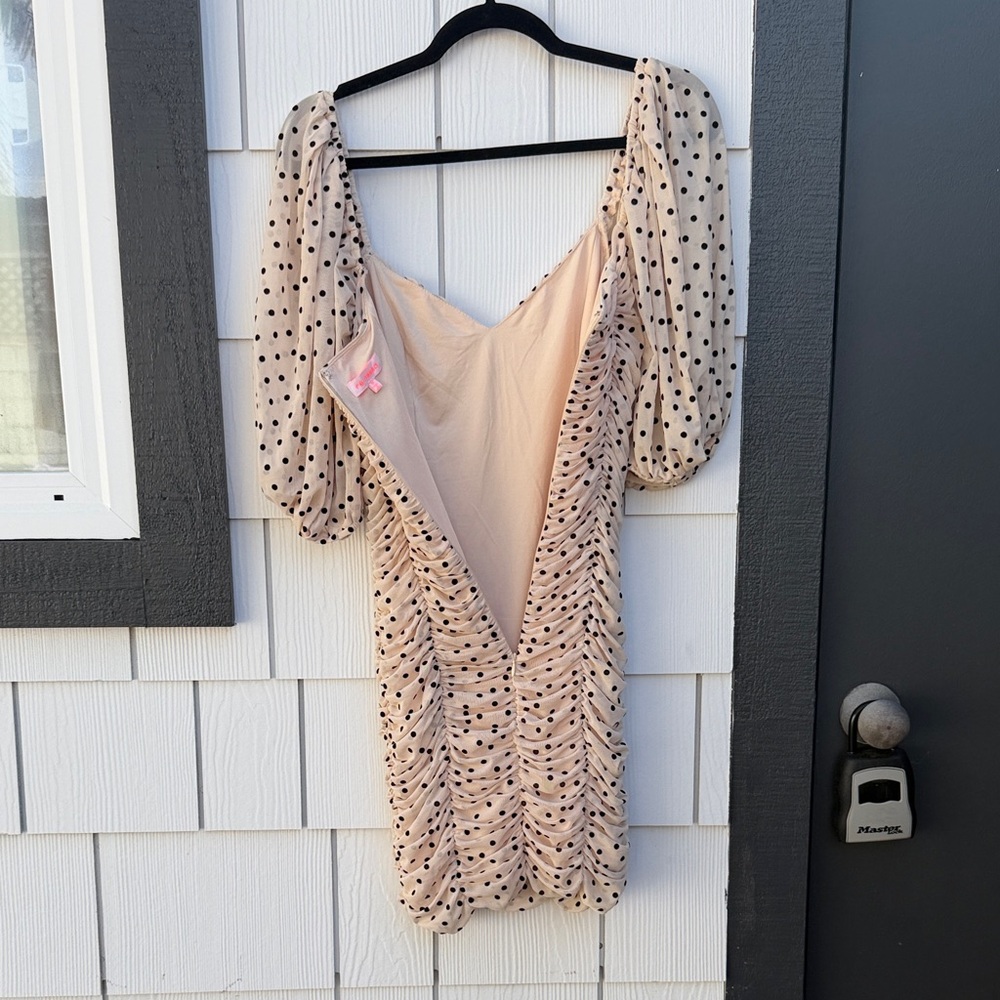 re:named Blush with Black Polka Dot Ruched Puff-Sleeve Mini Dress - Picture 6 of 8